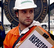 February, 2003: Greenpeace \'weapons inspector\' outside the U.S. embassy in Spain.