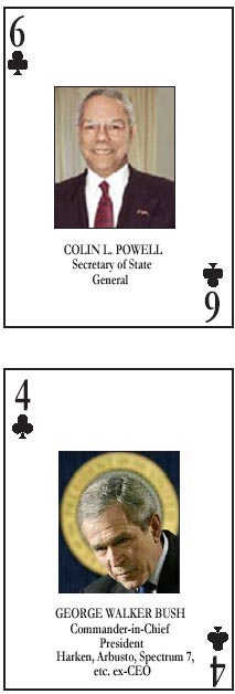 Colin Powell et George W. Bush, activement recherchs dans le jeu de cartes des activistes amricains Yesmen (DR) - 28.2 ko