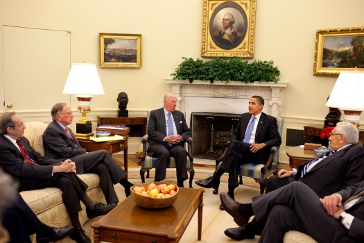 President Barack Obama meets with, from left: former Defense Secretary William Perry; former Georgia Sen. Sam Nunn; former Secretary of State George P. Shultz; and former Secretary of State Henry Kissinger in the Oval Office. (May 2009.)